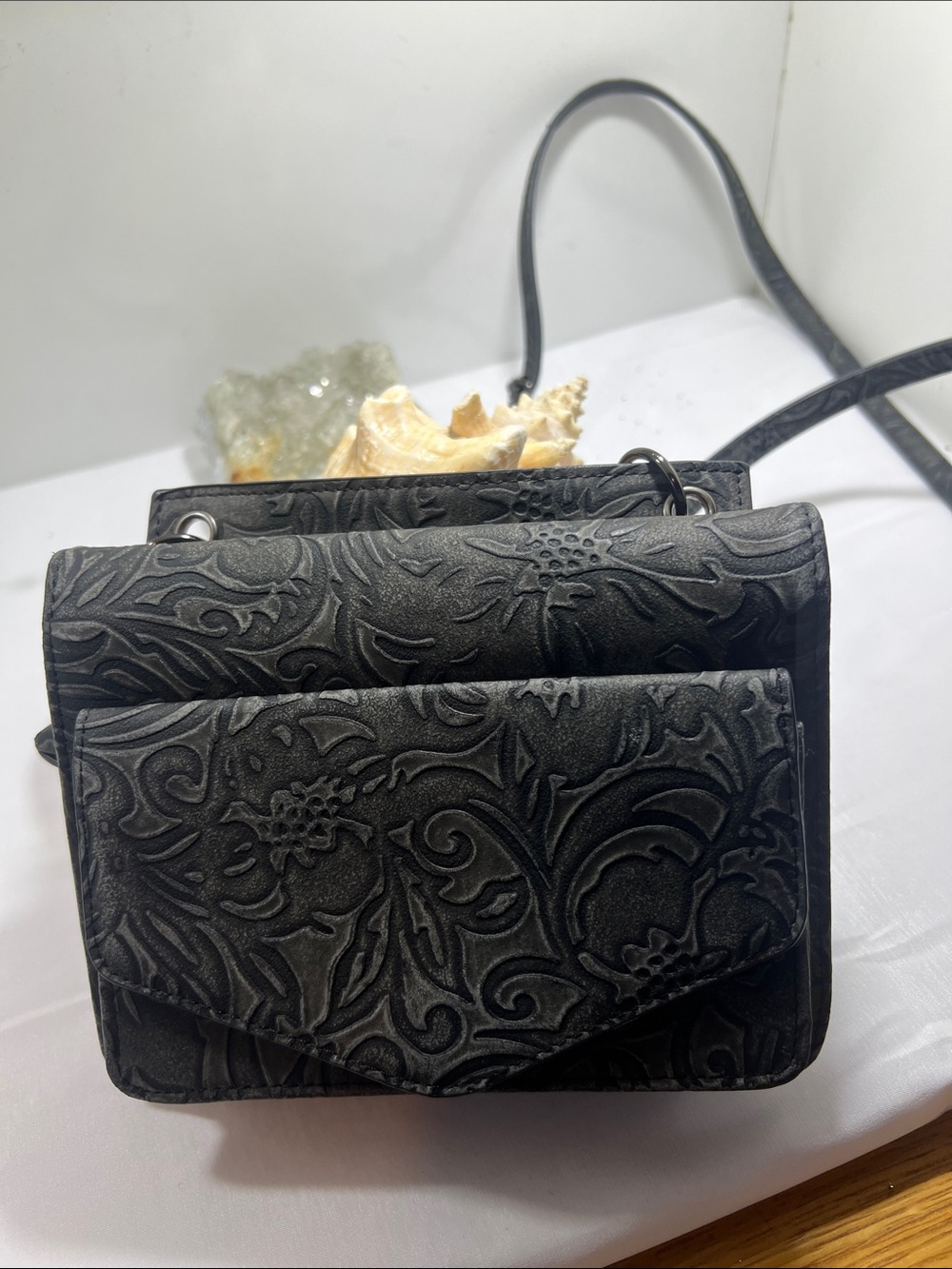 Vintage Black Embossed Leather Crossbody Travel Bag